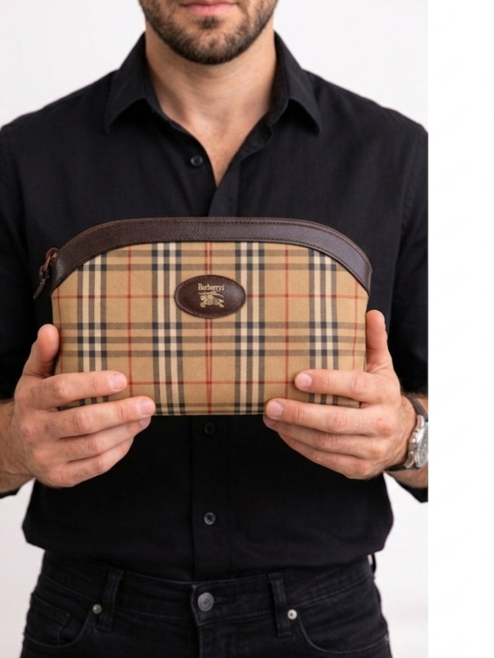 Burberry Tan Check Toiletry Bag with Brown Trim